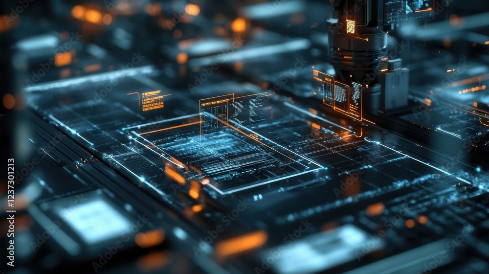 Poster futuristic robotic arm processing data on a complex circuit board with integrated digital displays, 