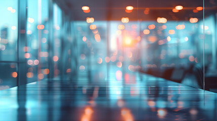 Fototapeta premium A blurred interior scene with warm lighting and reflections, creating a serene atmosphere.