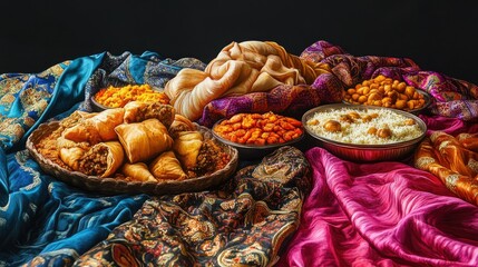 Fototapeta premium A Lavish Middle Eastern Feast: Delicious Dishes and Vibrant Fabrics
