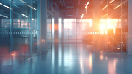 Naklejka premium A modern office space illuminated by sunset, creating a serene and productive atmosphere.