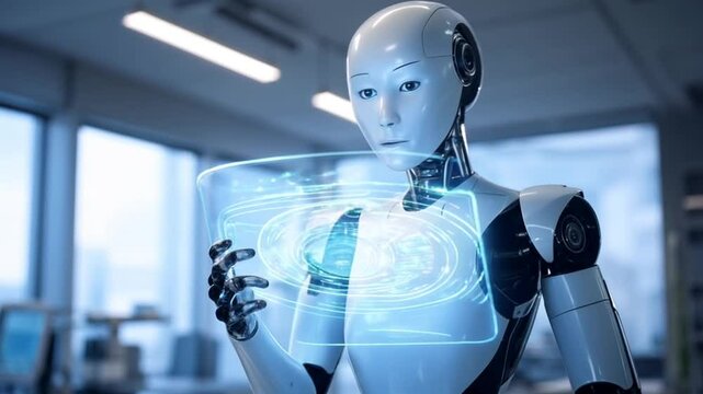 Futuristischer Humanoider Roboter mit Holografischem Interface in Modernem B&uuml;ro