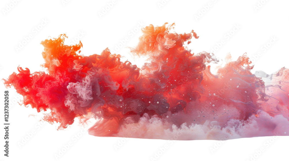 Poster red and orange ink mixing in water creating abstract shapes on transparent background