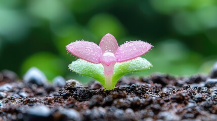 Pink seedling sprouting, garden soil, green background, new life
