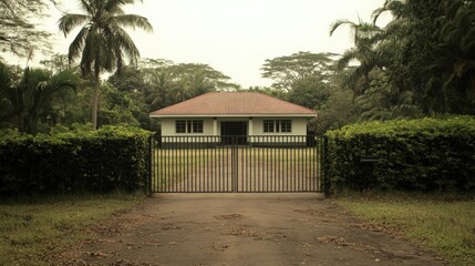 Fototapeta premium Abandoned house surrounded by lush vegetation and overgrown grass under a hazy sky