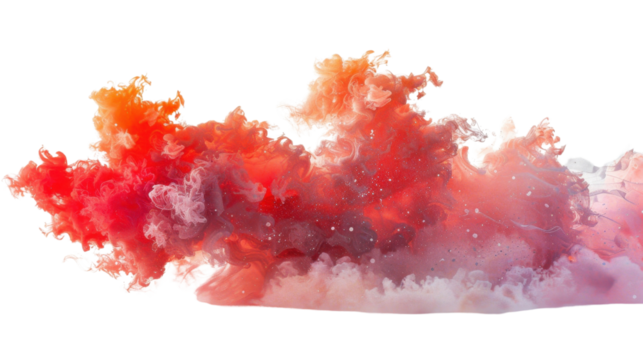 Red and orange ink mixing in water creating abstract shapes on transparent background