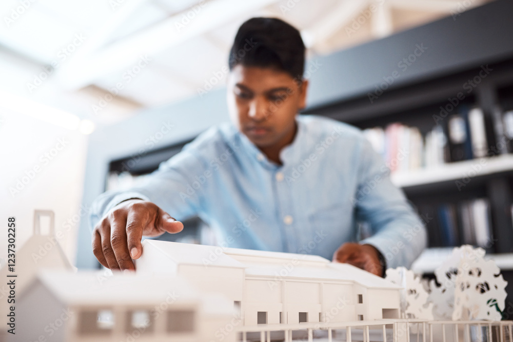 Aufkleber planning, architecture and man in office with 3d design for building development, maintenance or rep