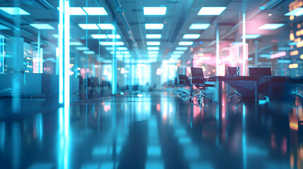 A modern office space featuring glowing lights and sleek furniture, emphasizing a tech atmosphere.