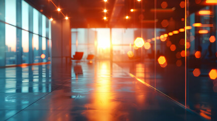 Fototapeta premium A modern office space with sunset reflections and warm lighting.