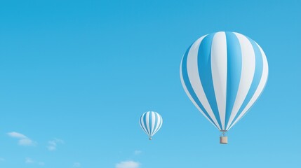 Fototapeta premium Two hot air balloons soar in a clear blue sky. Ideal for travel or adventure themes