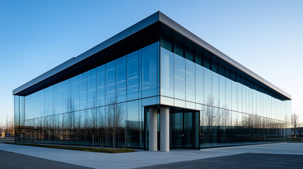 Fototapeta premium Modern Glass Office Building With Reflective Facade In Urban Setting