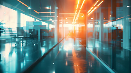 A modern office space with sleek design and ambient lighting.