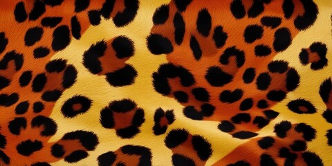 Fototapeta premium Golden leopard print pattern with vivid orange and brown tones, luxury animal fur texture for fashion, textile, packaging, and modern background design.