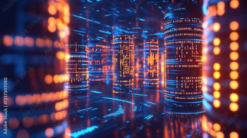 Poster binary code flowing on cylindrical servers processing data in an innovative and futuristic server ro