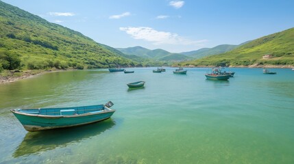 Obraz premium Calm Coastal Scene with Blue Boats and Lush Green Hills under Sunny Sky