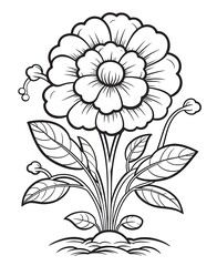Line Art Illustration of a Single Flower with Leaves and Buds
