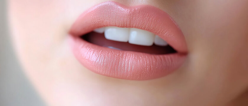 Soft and natural nude lips with a satin finish against a light and blurred background. Generated with AI.