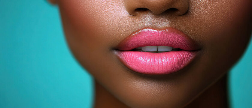 Soft pink lips with a satin finish on dark skin and a vibrant turquoise background. Generated with AI. - Powered by Adobe