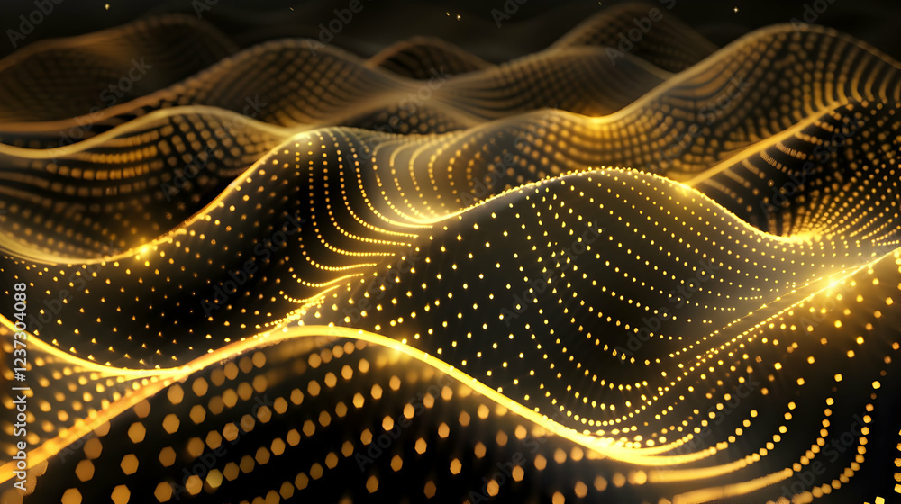 Poster abstract golden wave pattern with dots on a dark background.