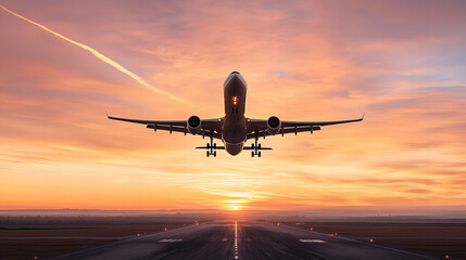 Fototapeta premium Airplane taking off against a vibrant sunset sky at the airport along the runway