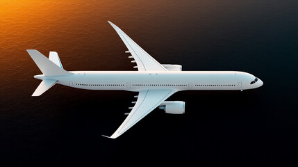 Large commercial airplane flying over the ocean during sunset with vibrant orange hues in the sky