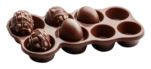 Delicious assorted chocolate treats on a tray isolated on transparent background