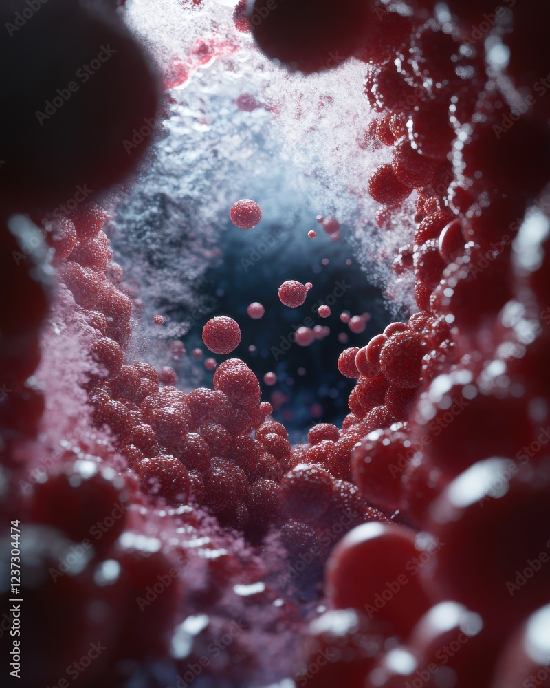 Poster a captivating close-up of red spherical cells floating in a surreal, misty environment, illustrating