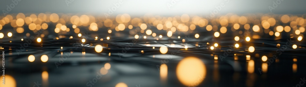 Poster a captivating scene of shimmering lights reflecting on dark water, creating a tranquil and mesmerizi