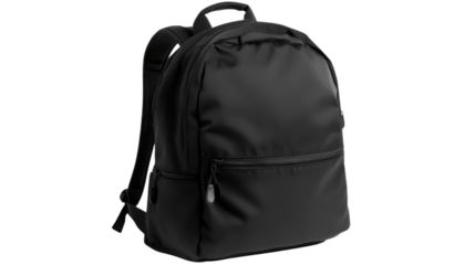 Black backpack isolated on transparent background, ready for school or travel