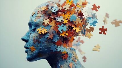 Hyper-Realistic Human Head Made of Colorful Puzzle Pieces, Symbolizing Deep Thinking