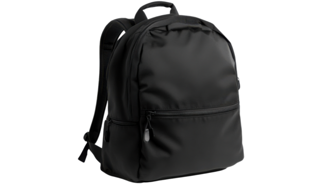 Black backpack isolated on transparent background, ready for school or travel