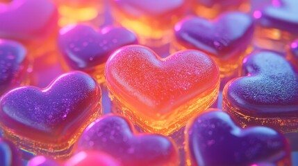 Fototapeta premium Close-up view of heart-shaped candies, arranged in a chaotic pattern, rendered in a holographic 3D style with glowing edges and neon lighting
