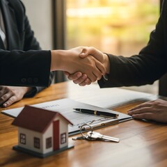 Handshake between agent and client finalizing home sale agreement with house model and keys on table. Symbolizes trust, partnership and successful real estate deal