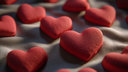 Red heart shapes on a soft surface.