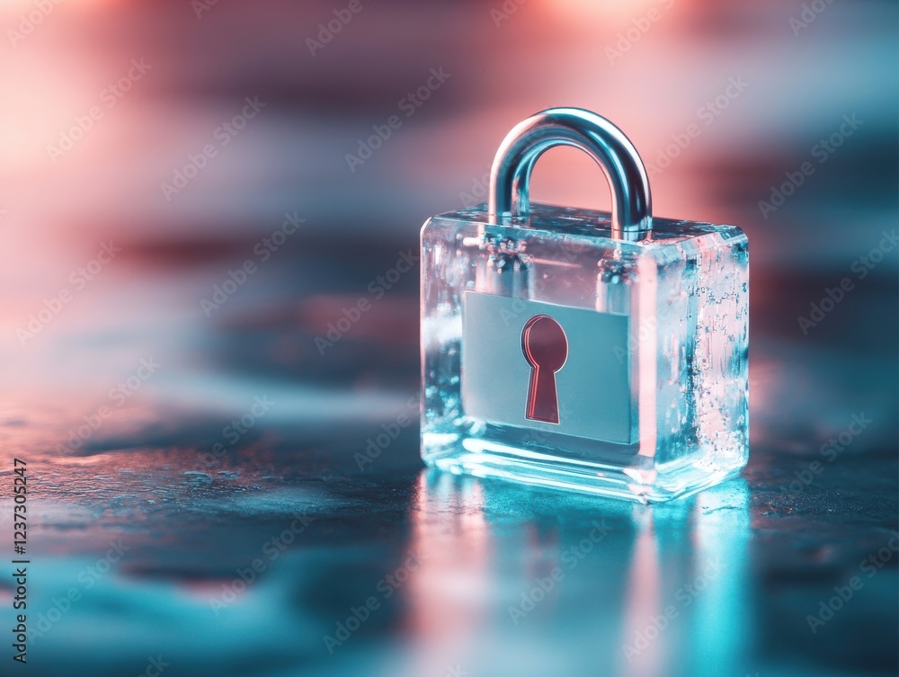Poster a close-up view of a transparent padlock on a reflective surface, symbolizing security and protectio