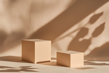Two Beige Cubes on Beige Background with Leaf Shadows