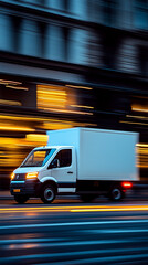 White Box Truck in Motion on City Street at Night