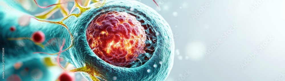 Poster a detailed illustration of a cell with glowing nucleus, showcasing its intricate structures and vibr