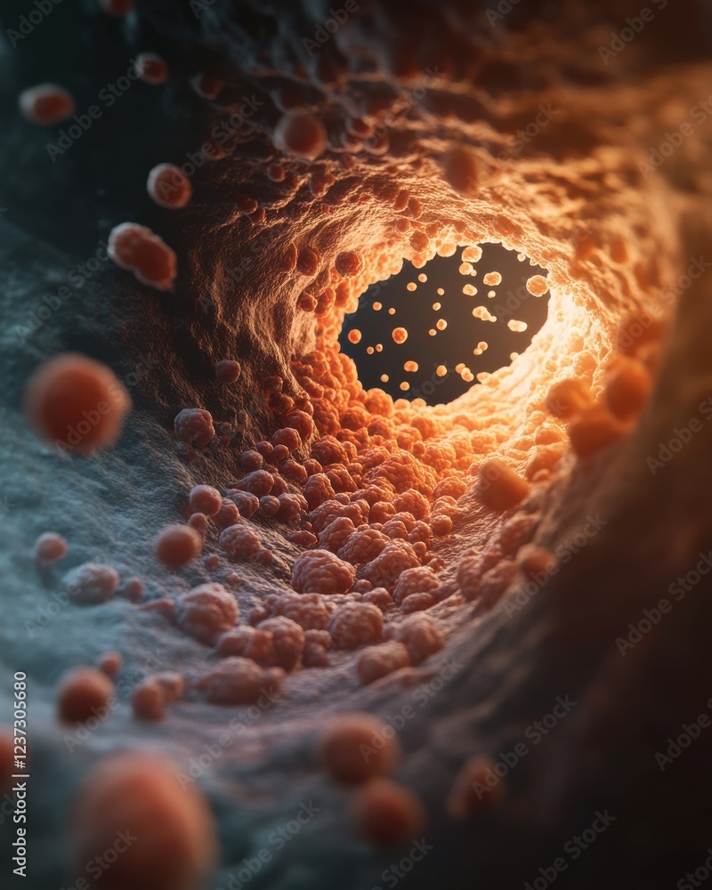 Poster a detailed view inside a biological structure, showcasing cellular elements and intricate textures i