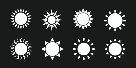 Sun icon set. Yellow sun icons. Silhouette sun icon. Shine sun ray set. Sunset icon collection. Yellow sun star icons. Hot solar energy for tan. Vector illustration
