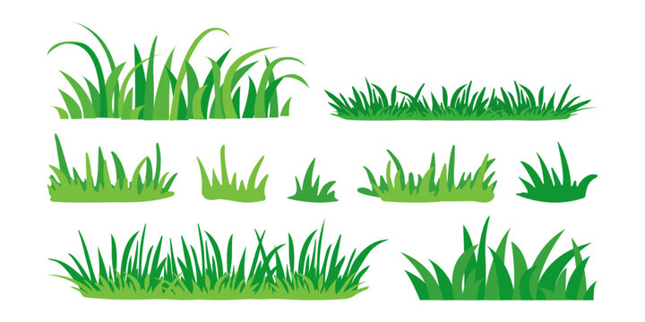Grass icon, meadow, bush tuft, green lawn, outdoor plant set isolated on white background. Cartoon garden border. Simple vector illustration