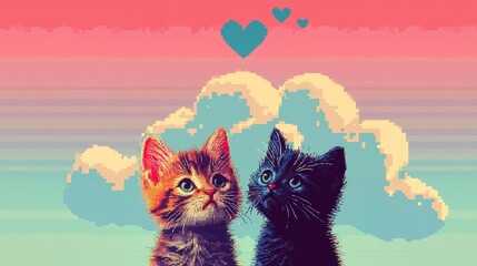 Close-up of two cute kittens under a pixelated cloud with tiny digital hearts floating above, styled in retro video game art, Pixel Art, Bright Colors