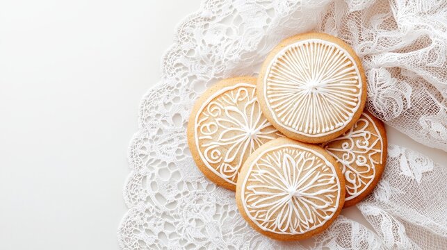 Golden-brown cookies styled with delicate icing patterns of the Five Solas, displayed on a vintage lace cloth, faith and tradition concept