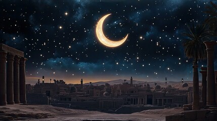 Starry Night over Ancient City: A Crescent Moon Illuminates Palmyra's Ruins