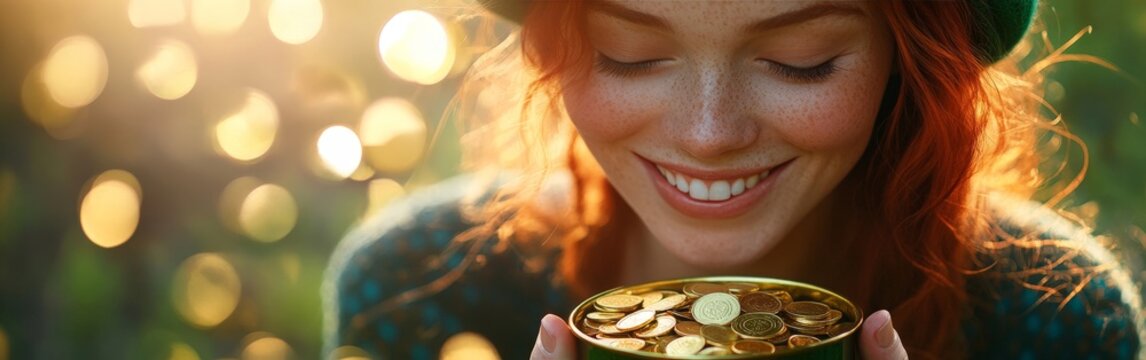 A joyful woman in a green hat celebrating St. Patrick's Day, surrounded by gold coins and glowing light. Perfect for holiday promotions and festive content.