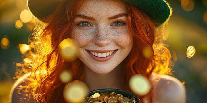 A joyful woman in a green hat celebrating St. Patrick's Day, surrounded by gold coins and glowing light. Perfect for holiday promotions and festive content.