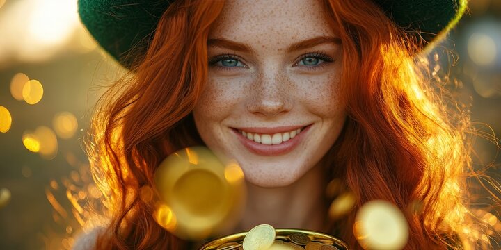 A joyful woman in a green hat celebrating St. Patrick's Day, surrounded by gold coins and glowing light. Perfect for holiday promotions and festive content.