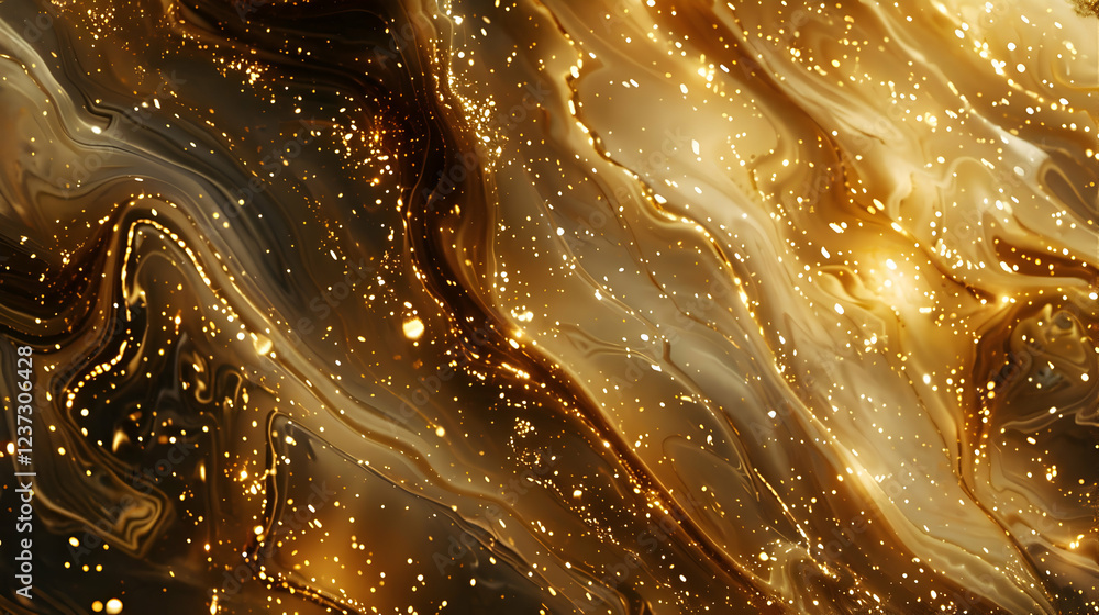 Aufkleber a shimmering abstract design featuring flowing gold and black patterns with sparkling elements.