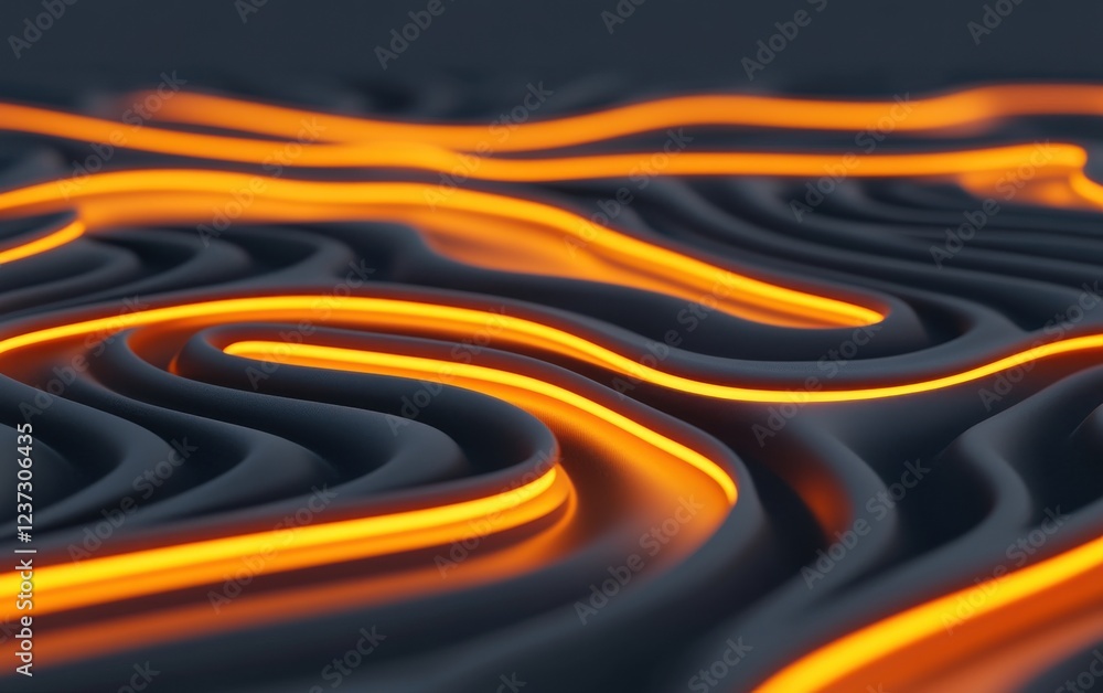 Poster a mesmerizing abstract design featuring flowing waves with glowing orange lines against a dark backg