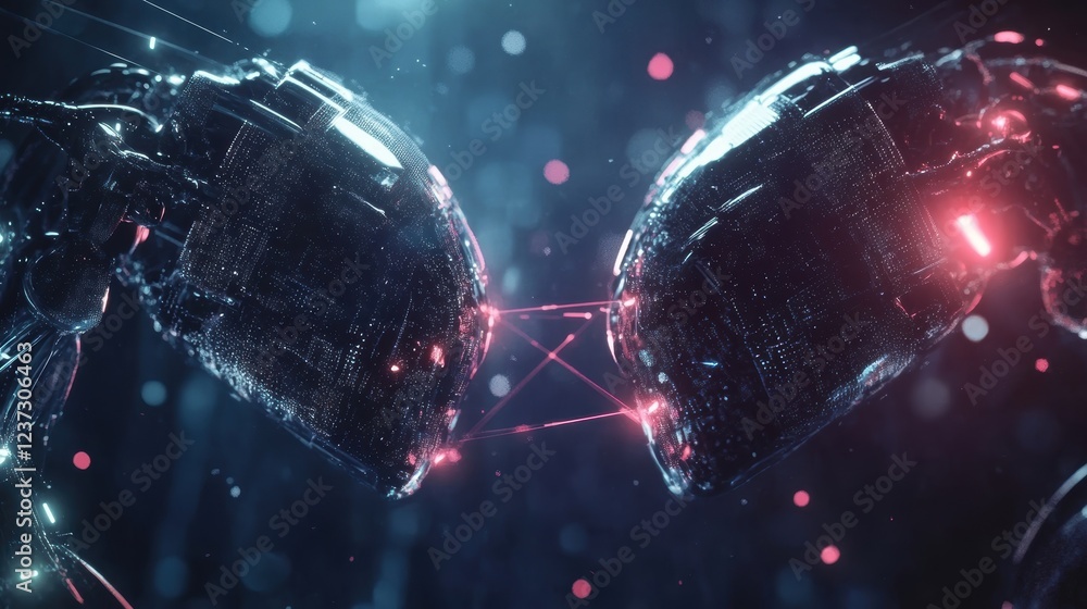 Poster two futuristic robots are exchanging data through a network of connections, representing innovative 
