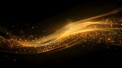 A dynamic wave of golden light and particles on a black background.
